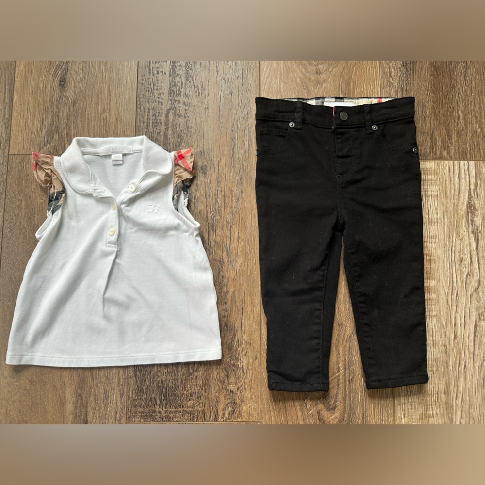 Little girls burberry sleeveless shirt with ruffles and Burberry jeans